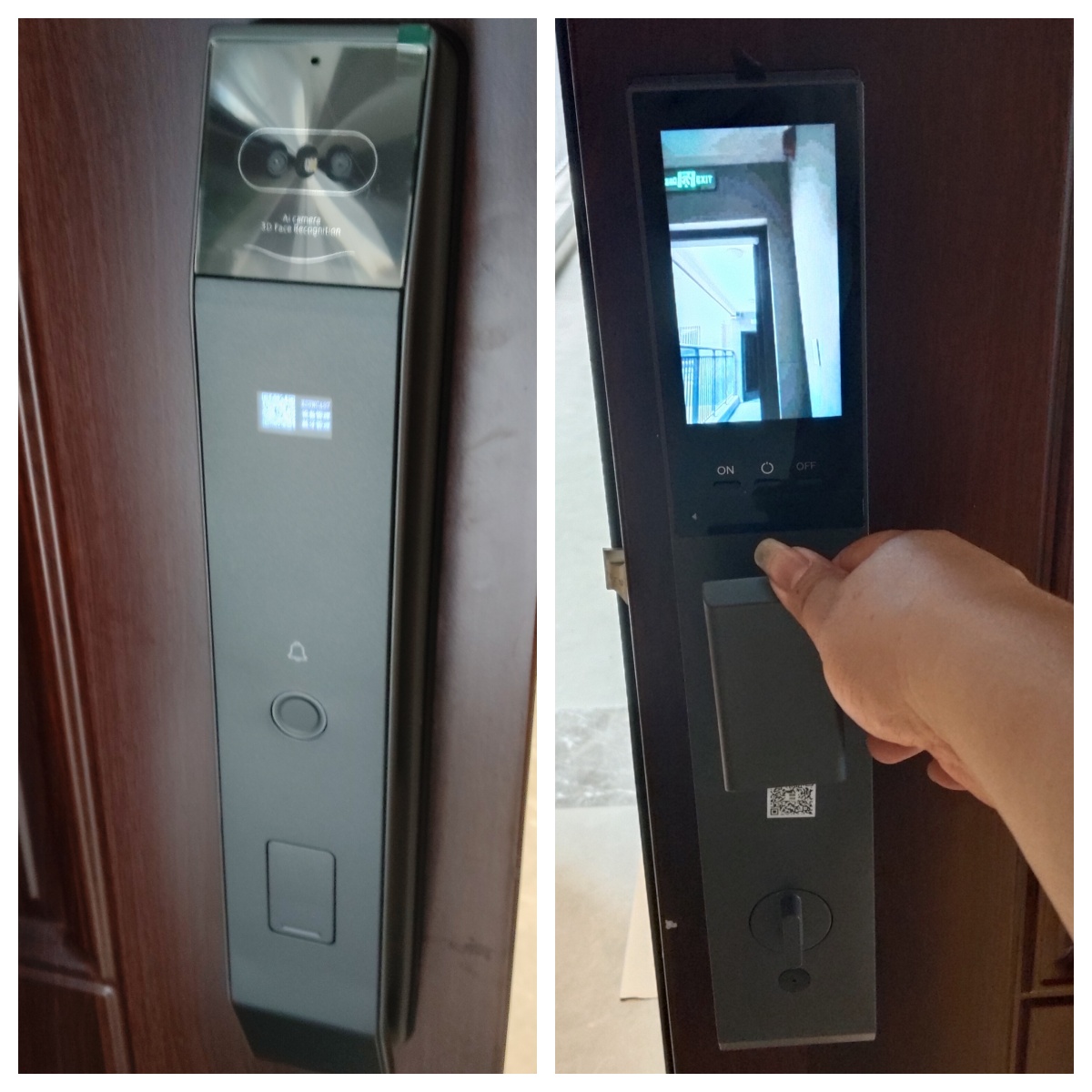 现代智能指纹锁产品展示,金属质感表面,多个按键区域,屏幕显示,安装在白色门上,背景为浅色墙面